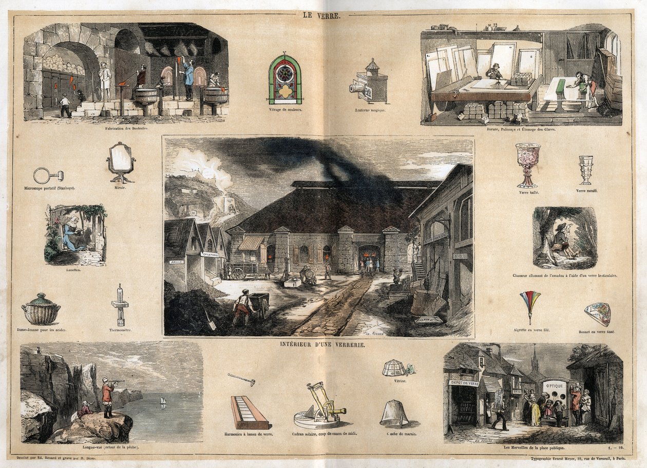 Beschreibung der verschiedenen Herstellungsstufen und Verwendungen von Glas: Innenansicht einer Glasfabrik, Herstellung von Flaschen in einer Glasbläserwerkstatt, Vergoldung, Polieren und Prägen von Eis und verschiedenen Objekten (Mikroskop, Spiegel, Brill von French School