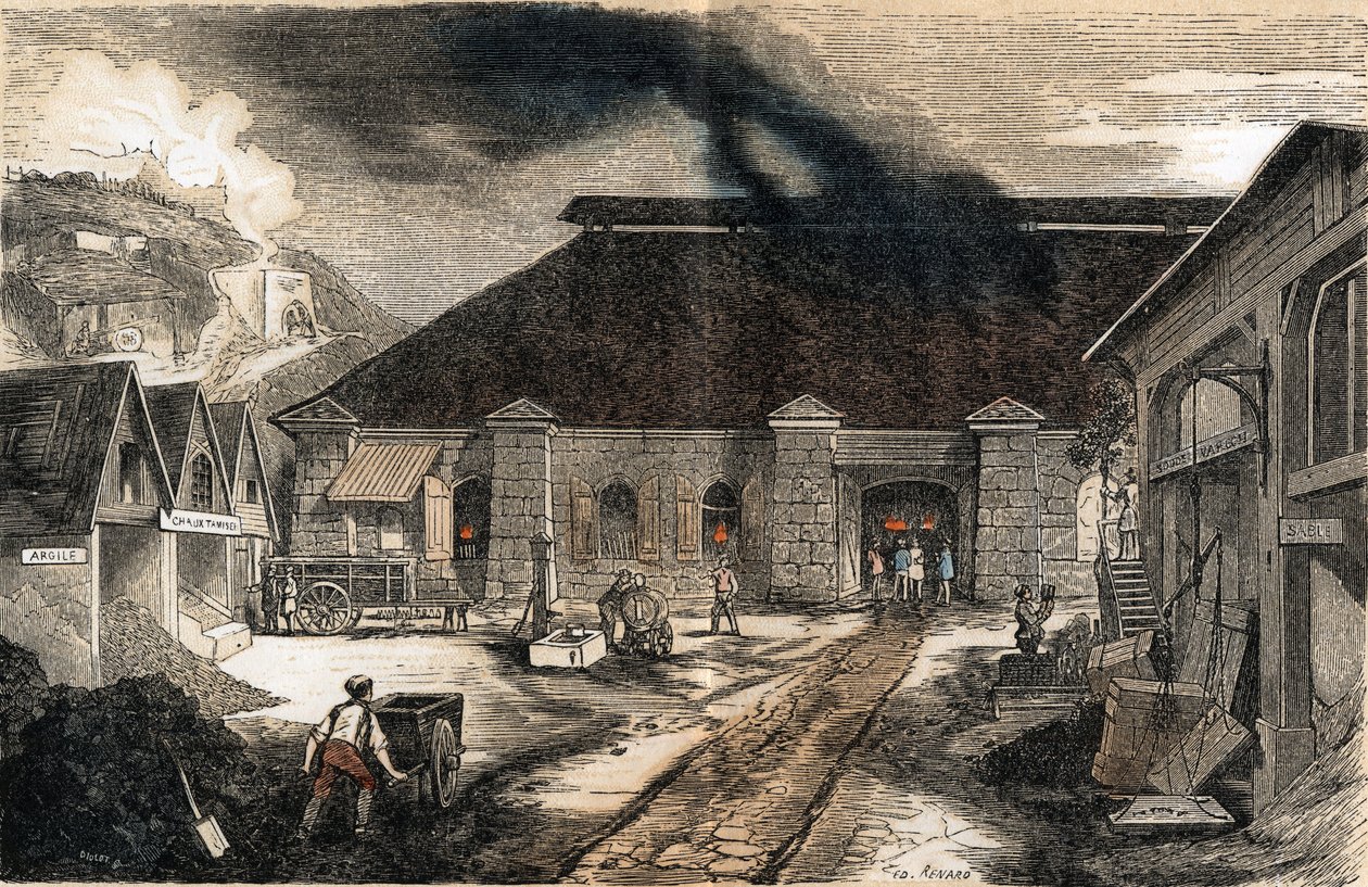 Description of the various stages of manufacture and uses of glass: view of the interior of a glass factory. Plate 