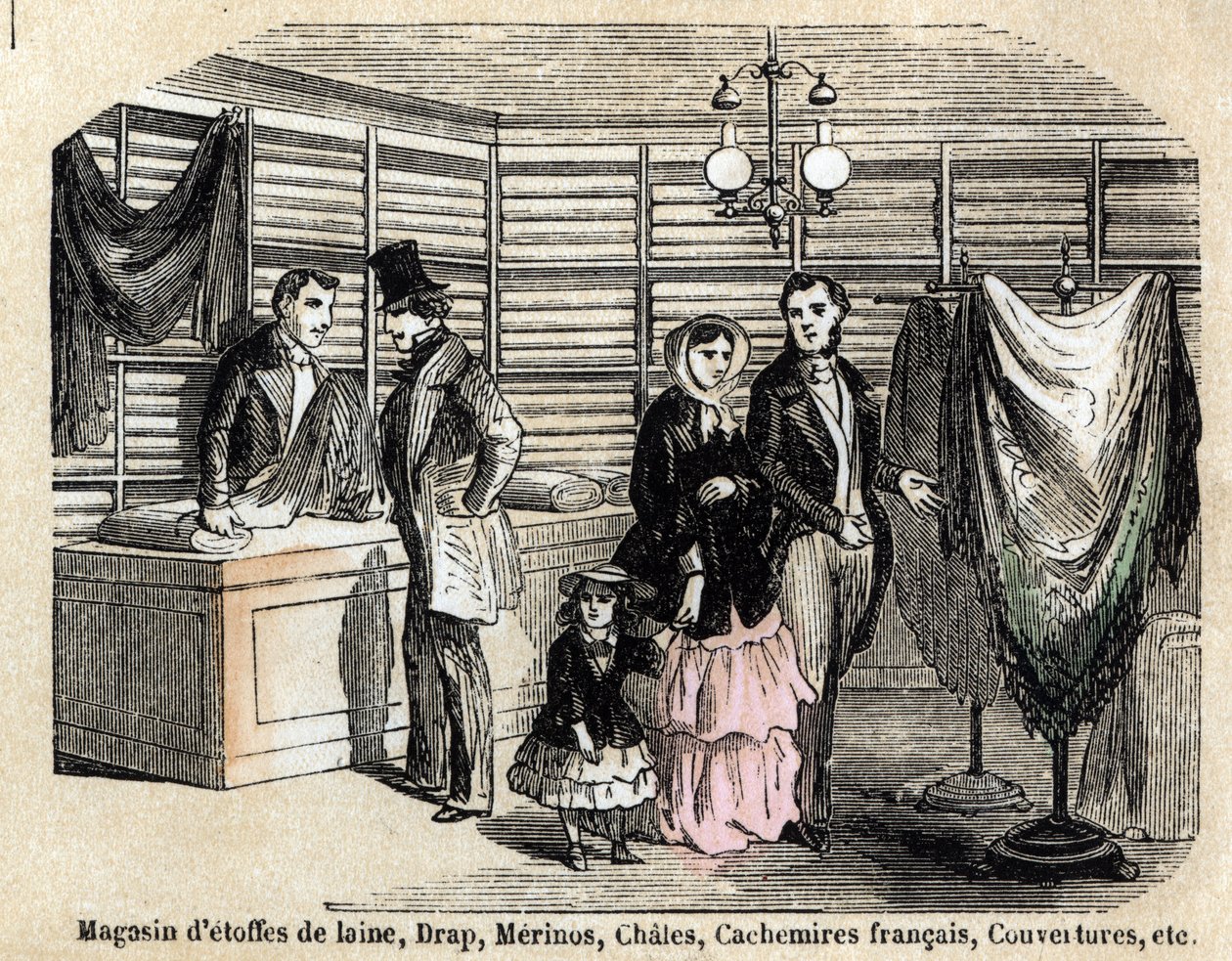 Description of the various uses and products made from sheep: view of a shop of wool fabrics and fabrics, sheets, lime, cashmere. Plate 