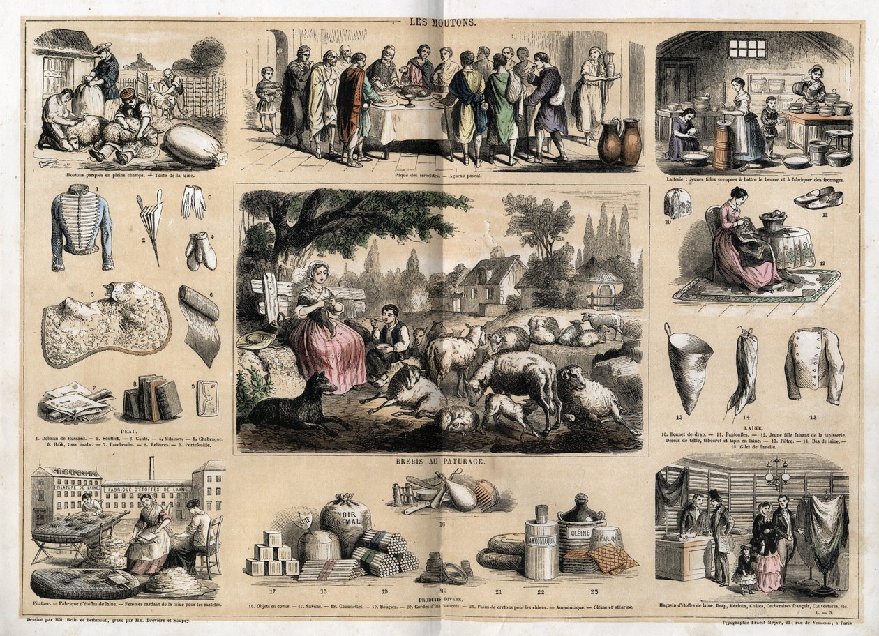 Description of the various uses and products of sheep: sheepcutting, paschal lamb served as a traditional dish in Easter, young dairy women making butter and cheeses; tapestry and wool products, cups, slippers, wool stockings, sold in fabric and fabric sho by French School
