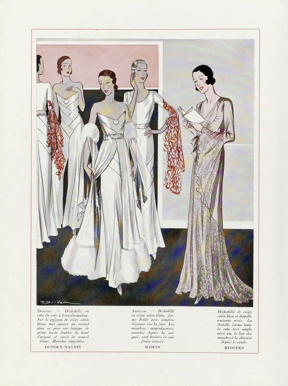 Design for Evening Dresses by Depouy-Magnin, Worth, and Redfern, from Art, Gout, Beaute, pub. 1931 by French School