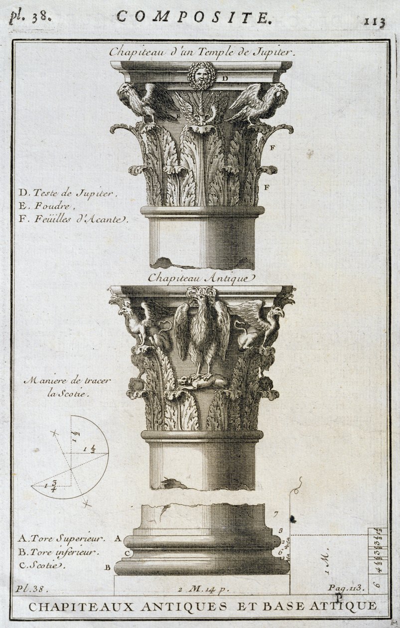 Design for an ancient capital and base from a Temple of Jupiter by French School