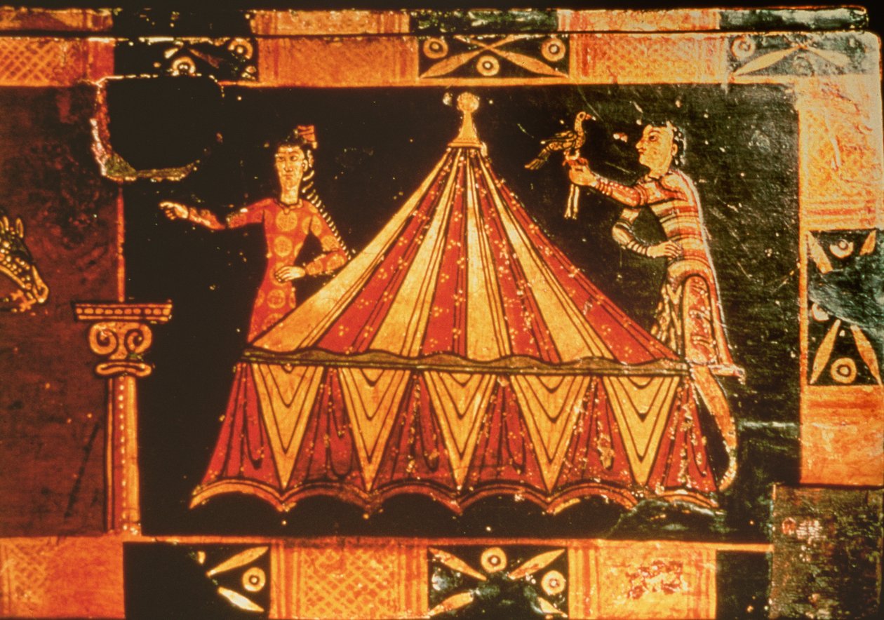 Detail from a wedding chest depicting two figures by a tent (detail) by French School