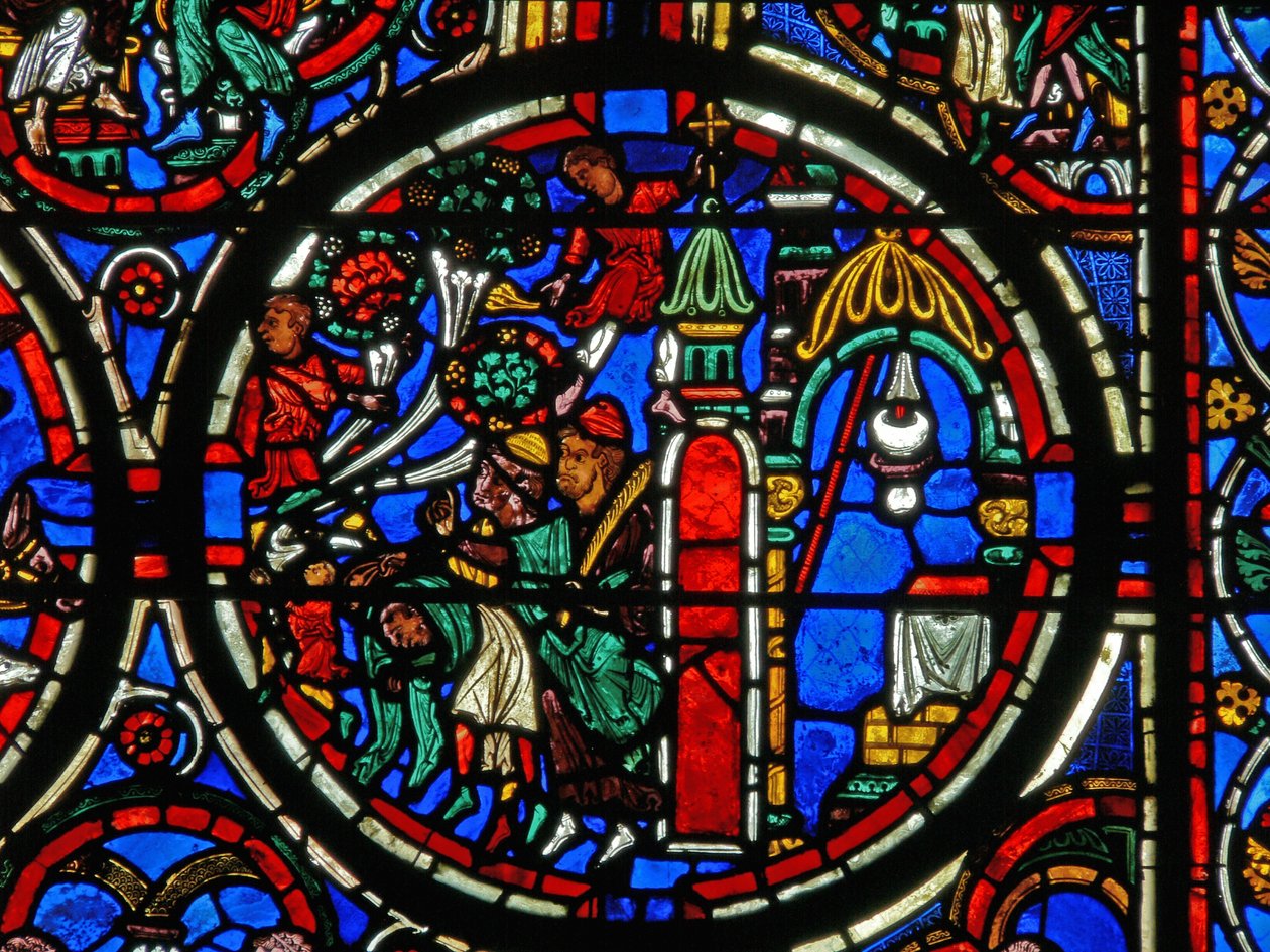 Detail from a window depicting the Passion: Christ being greeted on his entry to Jerusalem by French School