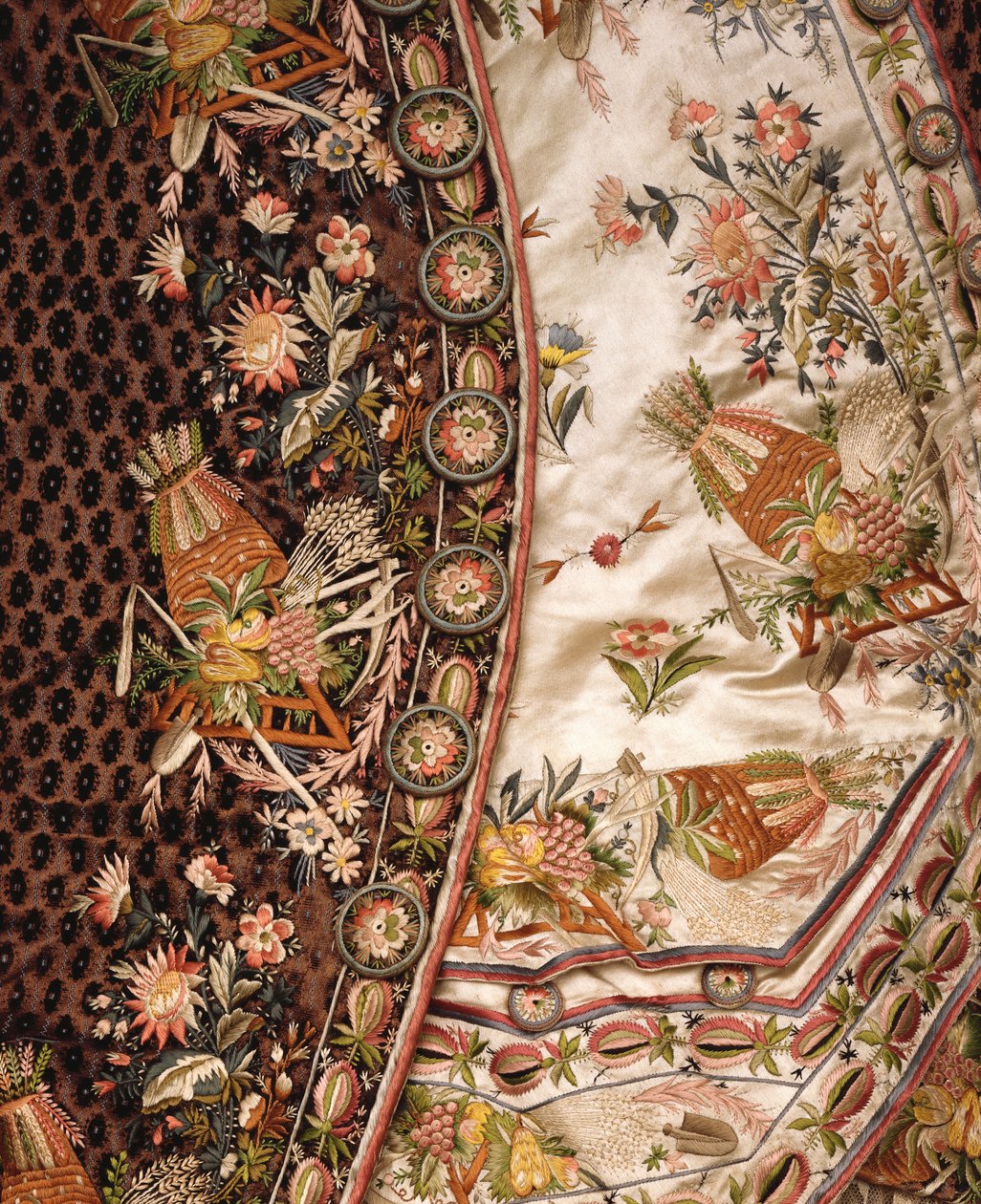 Detail of a magnificent suit of brown cut velvet, comprising coat, breeches & waist of ivory satin embroidered en suite, c.1760 by French School