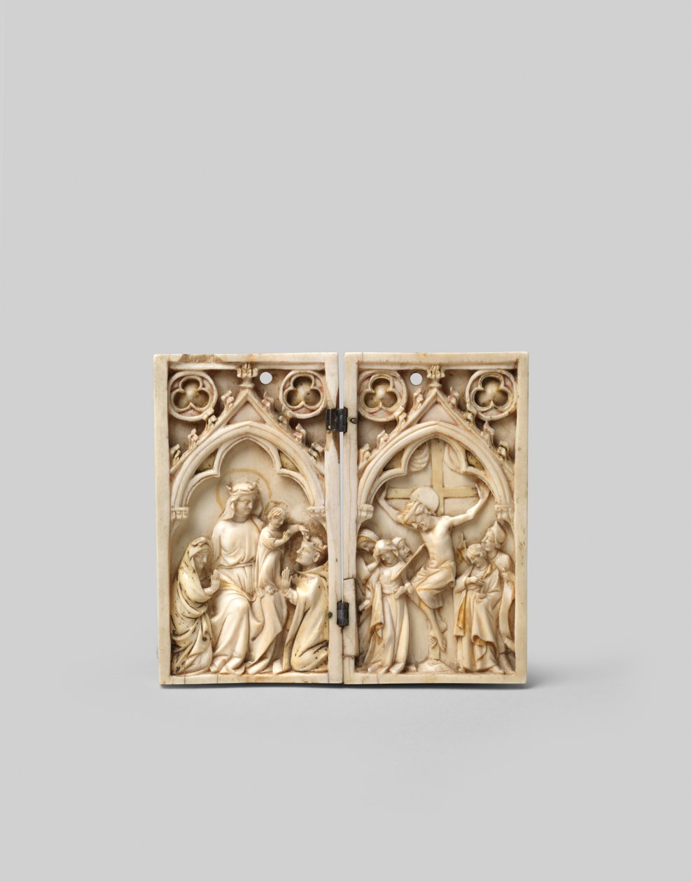 Diptych of Saint Louis crowned by Christ and the Crucifixion, front, 14th century by French School
