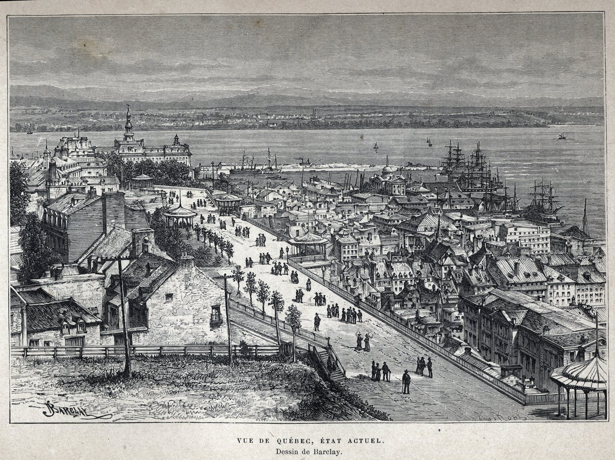 Discover Canada: view of Quebec City at the end of the 19th century. Barclay drawing. Engraving from the end of the 19th century in 