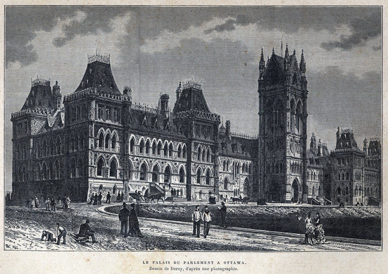 Discover Canada: The Parliament Palace in Ottawa. Drawing by Deroy from a Photograph. Engraving from the End of the 19th Century in La Nouvelle France by Eugene Guenin by French School