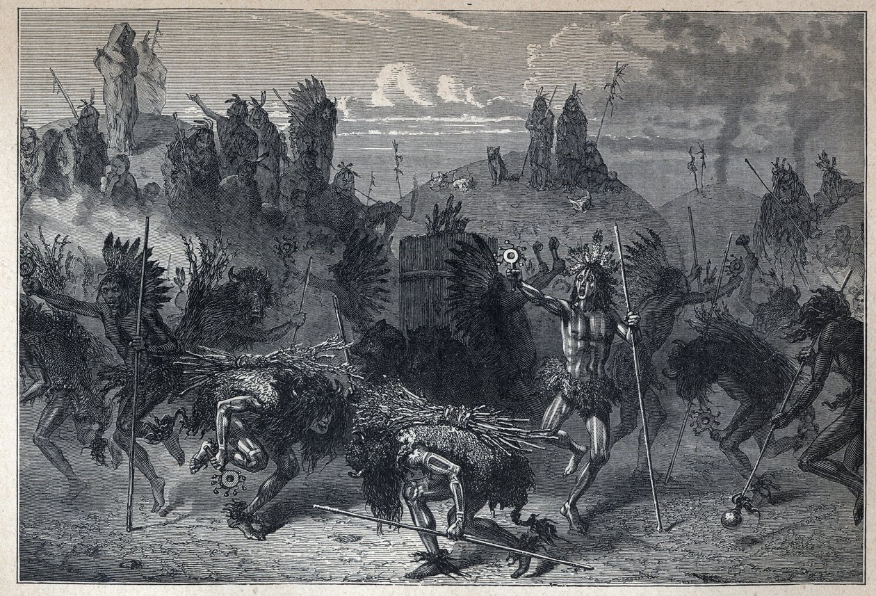 Discovery of Canada: the dance of the bison in the Mondanes. In La Nouvelle France by Eugene Guenin. by French School