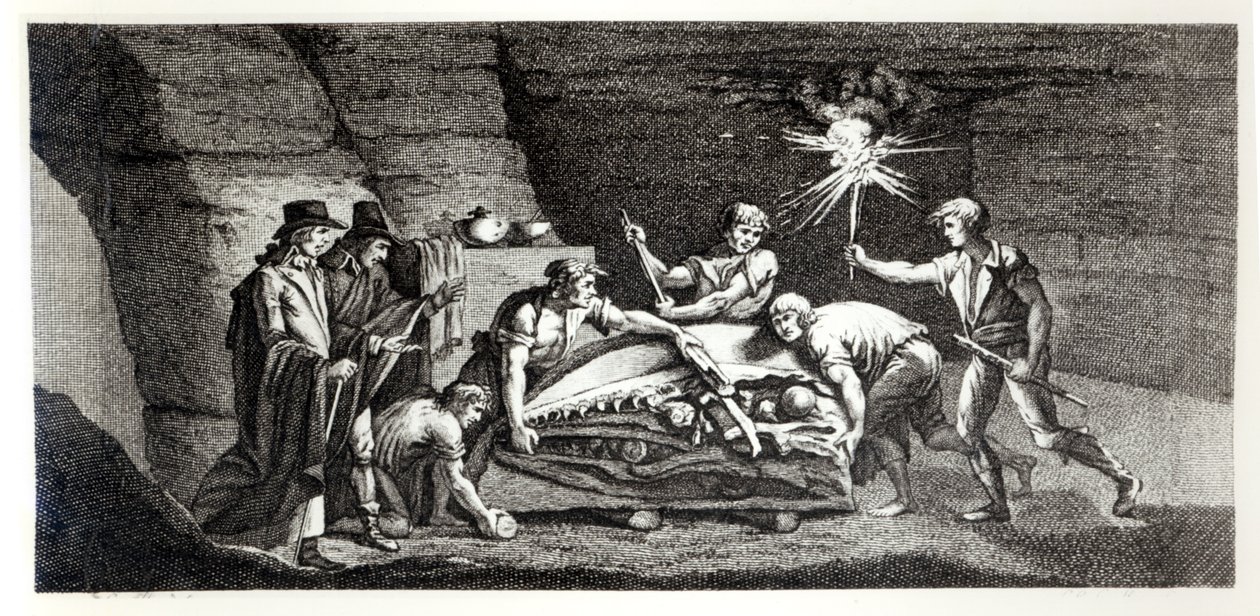 Discovering the bones of a prehistoric animal, illustration from Histoire naturelle de la Montagne Saint-Pierre de Maastricht by Barthelemy Faujas de Saint Fond, 1799 by French School