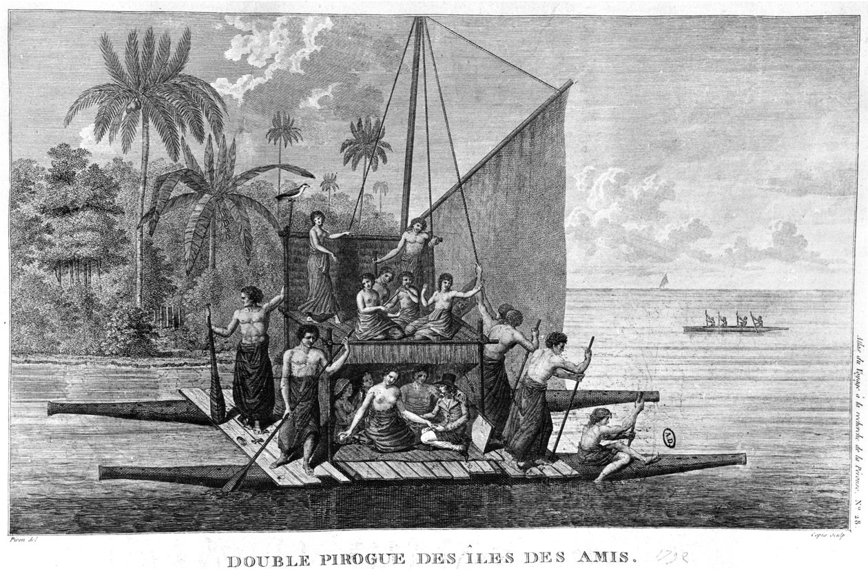 Double Pirogue of the Friendly Islands, illustration from the Atlas du Voyage a la recherche de La Perouse, 1792 by French School