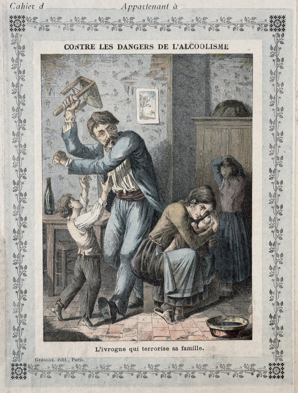 Drunkard terrorising his family, cover of a school exercise book. c.1900 by French School