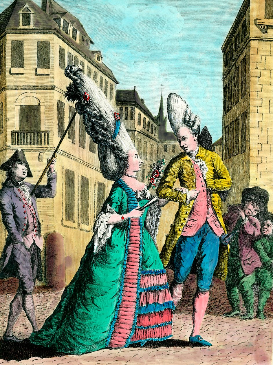Eccentric hairstyles in the 18th century: the French woman on the walk by French School