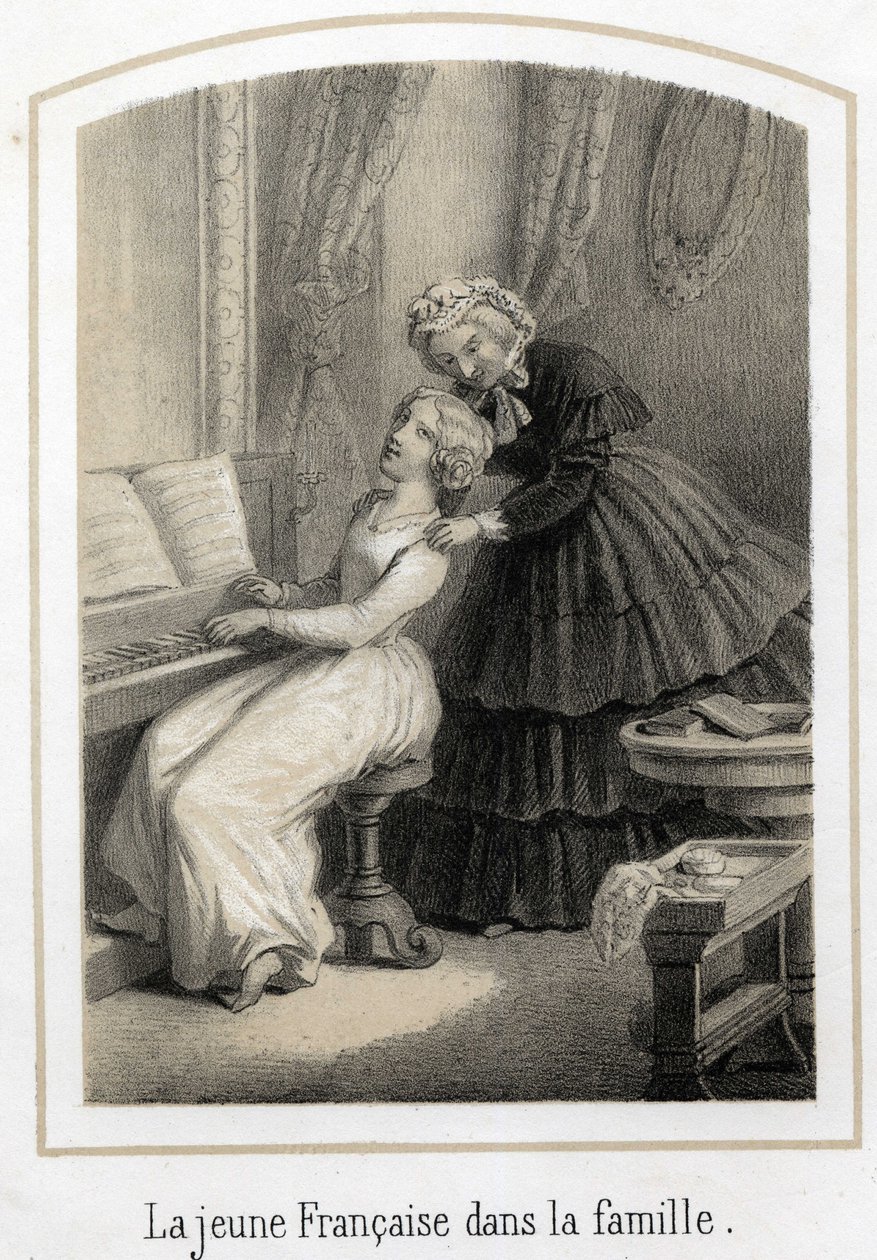 Education for young girls of good families: a young French woman sitting on the piano is taken over by her housekeeper by French School