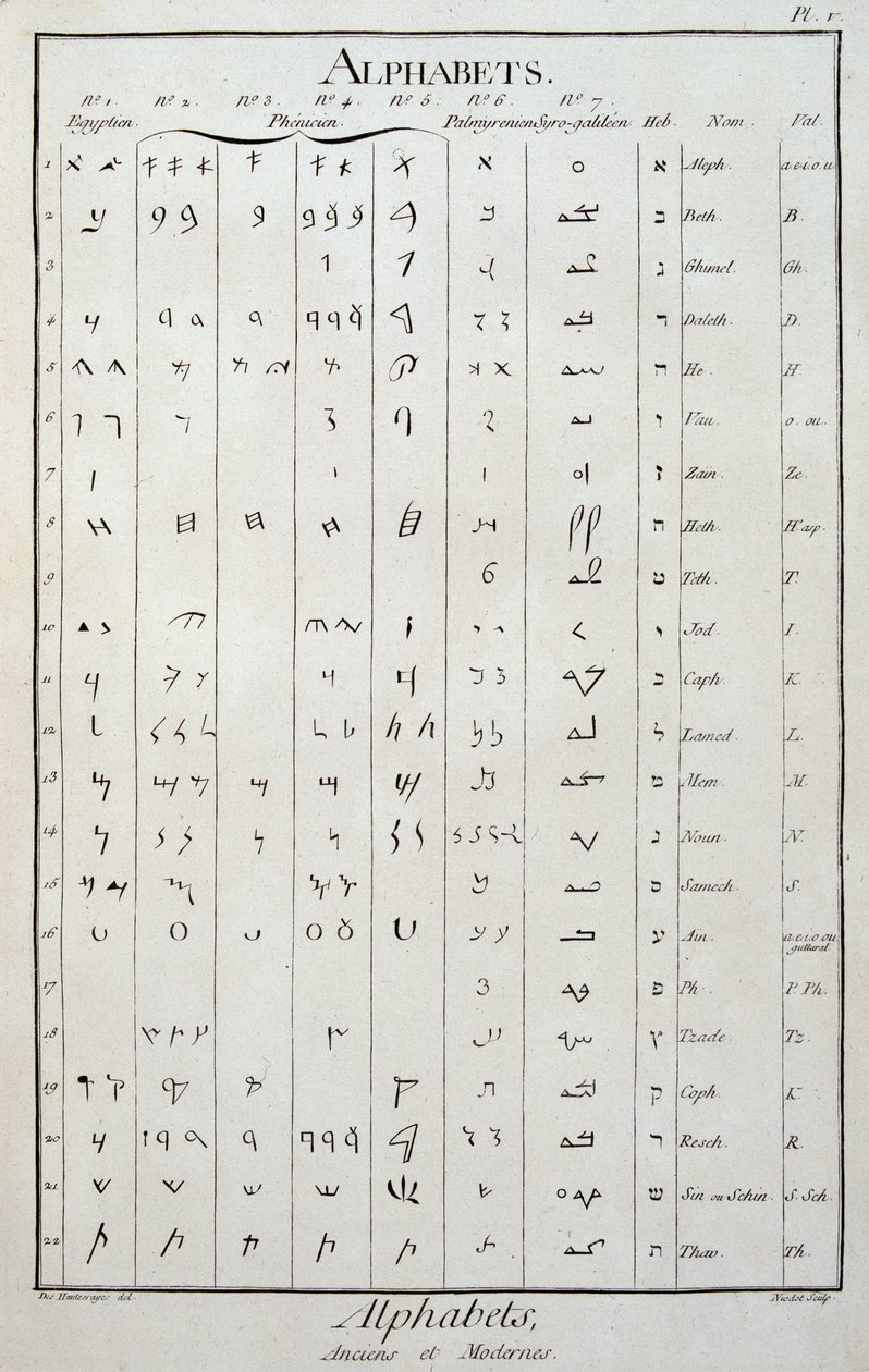 Egyptian, Phenician, Palmyrenian, Syro-Galilean and Hebrew alphabets - in The Encyclopedie by Diderot and Alembert by French School