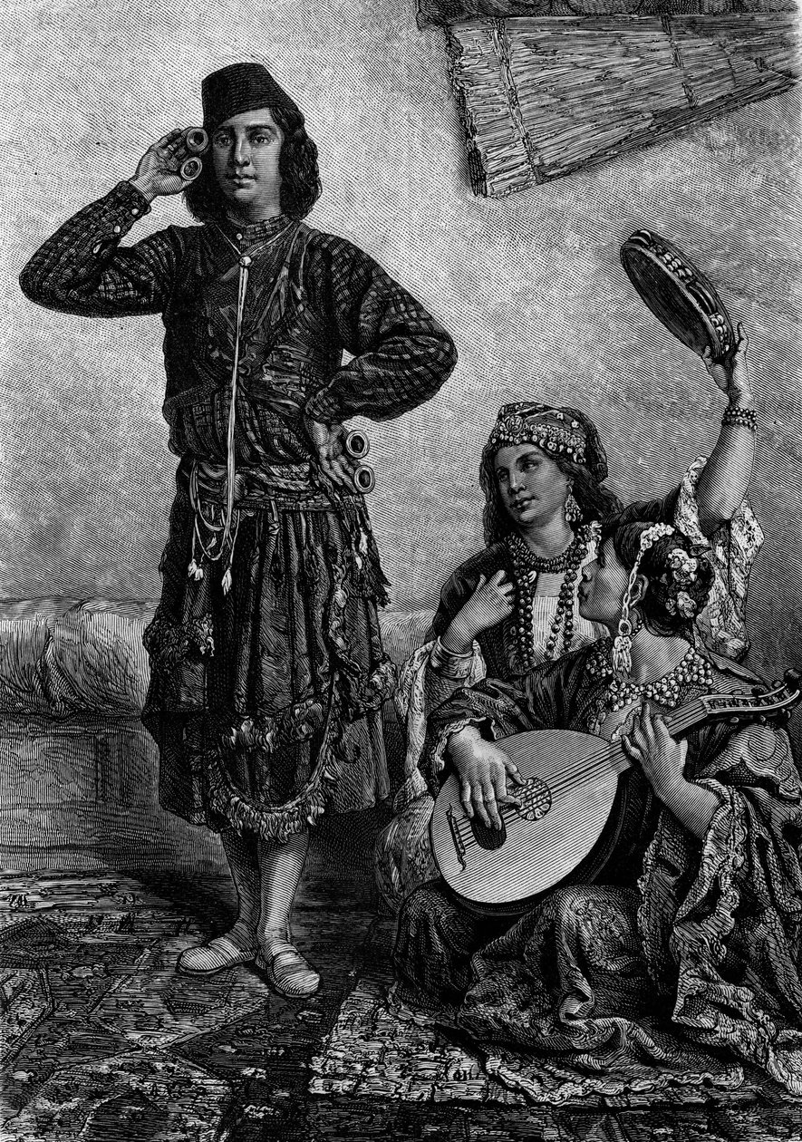 Egyptian musicians and dancers. Man holds cymbals between his fingers. Engraving in Le Journal de la jeunesse by French School