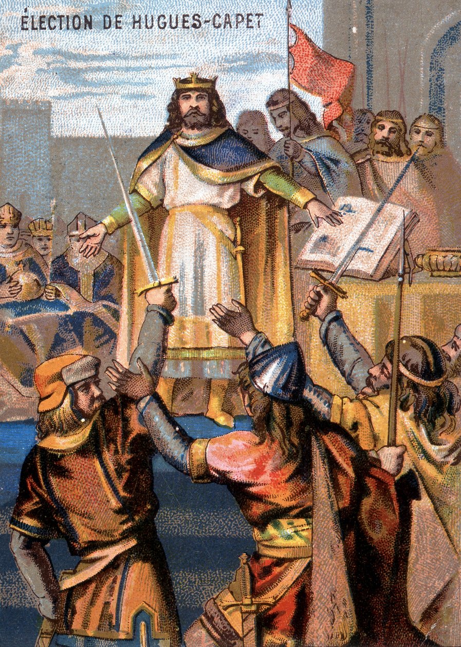 Election of Hugues-Capet (987) becoming king. Chromolithography of the ...