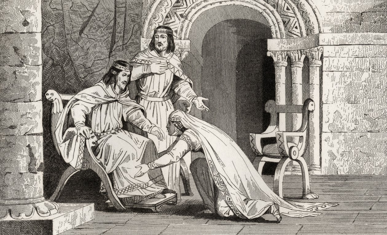 Emme kisses the knee of her husband Raoul in recognition of his sovereignty, from 