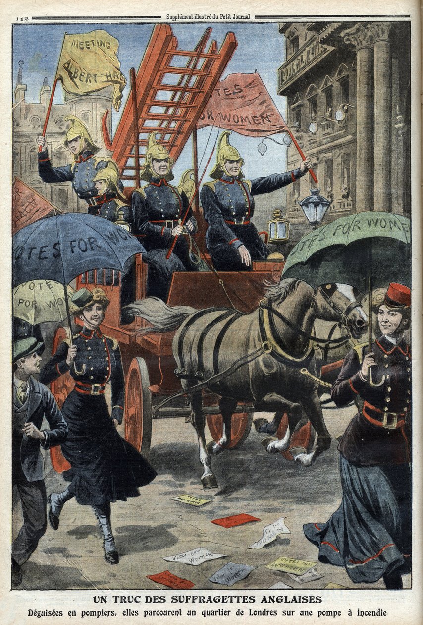 English suffragettes dressed as firemen, from Le Petit Journal, 3rd April 1910 by French School