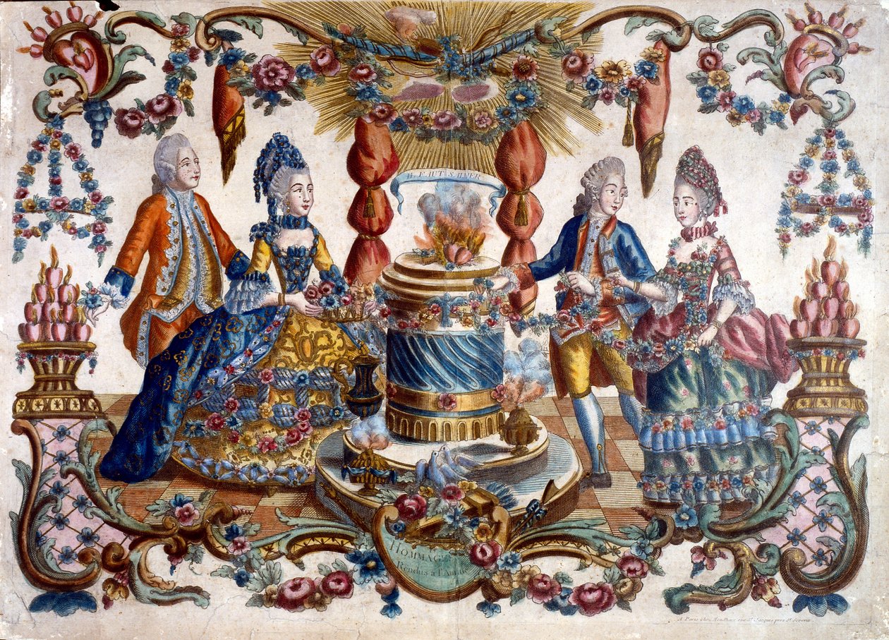 Engraving Depicting French Noblemen and Woman Walking in a Garden, 18th Century by French School