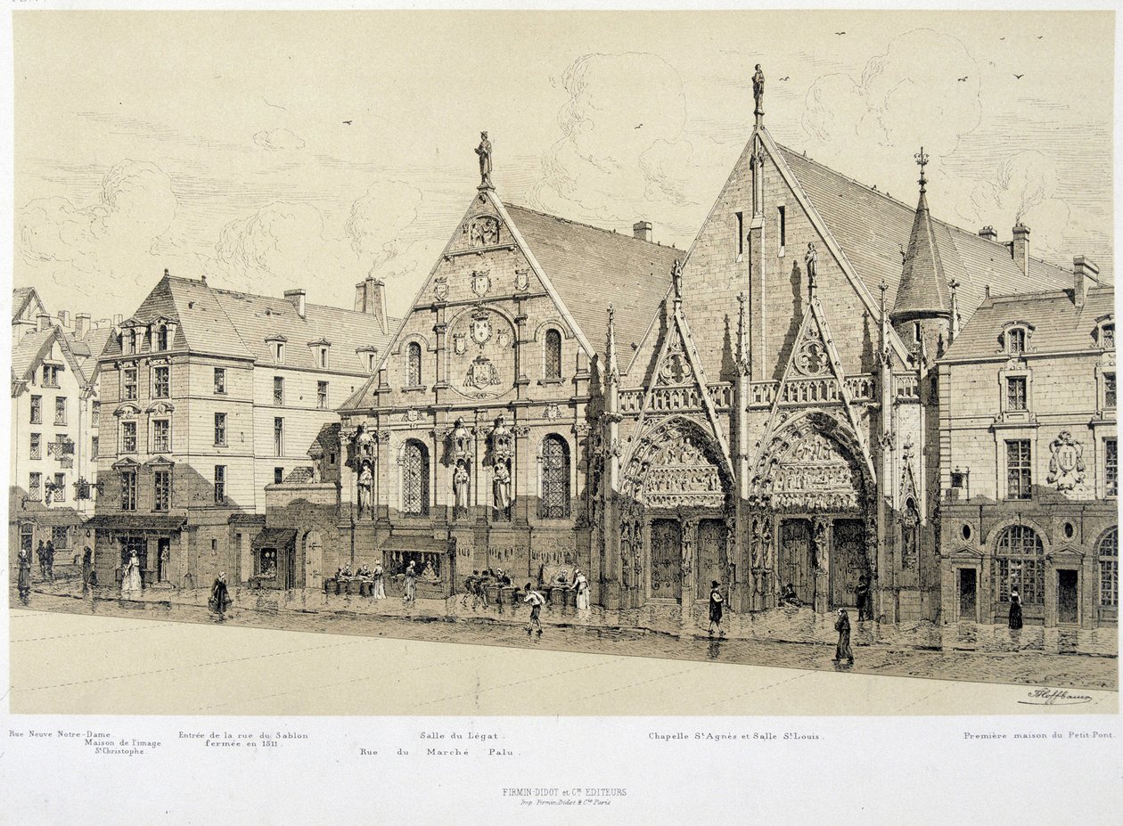 Entrance of the Hotel-Dieu (Hotel Dieu), rue du Marche Palu, in 1590 - in “Paris a travers les ages” by French School