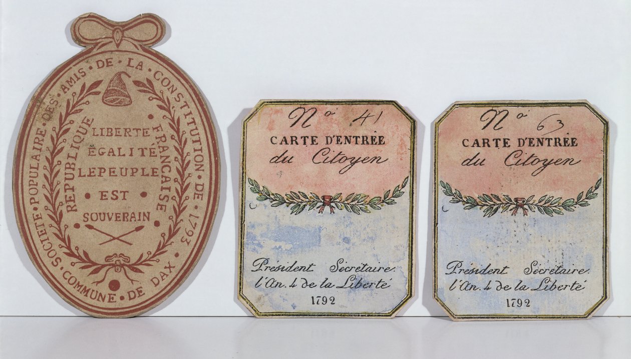 Entry cards for the Society of the Friends of the Constitution at Dax, 1792 and 1793 by French School