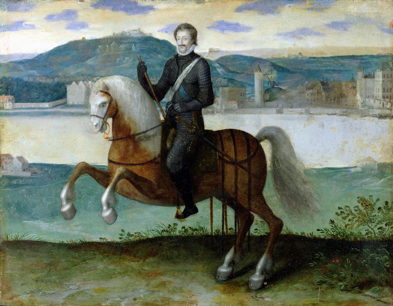 Equestrian Portrait of Henri IV (1553-1610) King of France, before the walls of Paris by French School