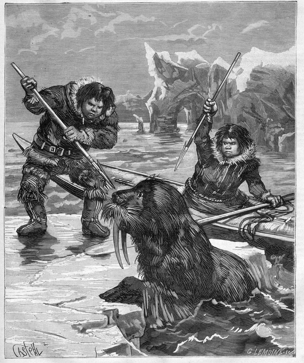 Eskimos - Walrus Fishing in 1888 - Engraving in 