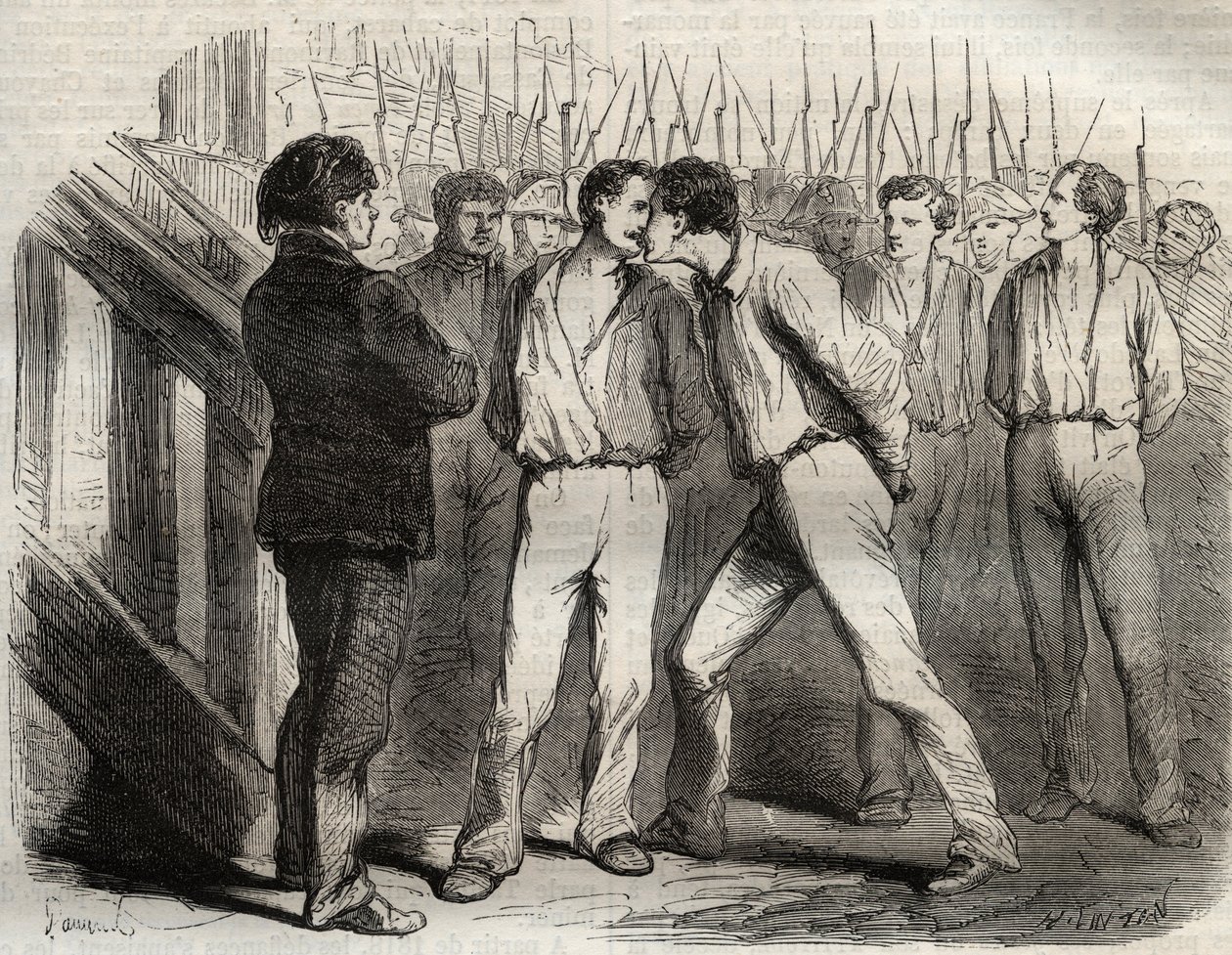 Execution of the four sergeants of La Rochelle on 21 September 1822: Bories, Raoulx, Gaubin, Pommier - Raoulx, who was to pass the first, asked to embrace his comrades - Engraving in Causes celebres de tous les peuples by Armand Fouquier (1817-18?) 18 by French School