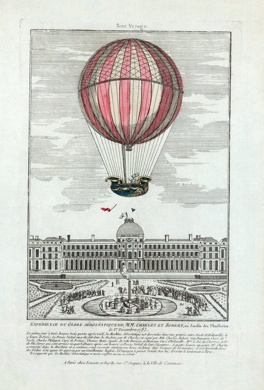 Experience of the Aerostatic Globe by MM. Charles and Robert at the Tuileries Garden on December 1, 1783, pub. 1783 by French School