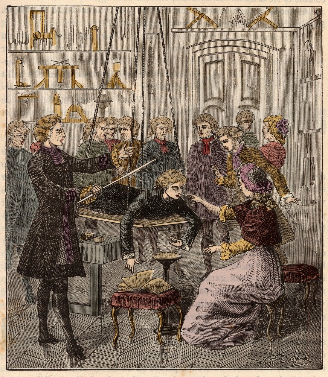 Electrical experiment made on a man by Abbe Jean Antoine Nollet (1700-70) in a physicist cabinet - Engraving in Sciences à la gratete de tous - physics et chimie popu by French School