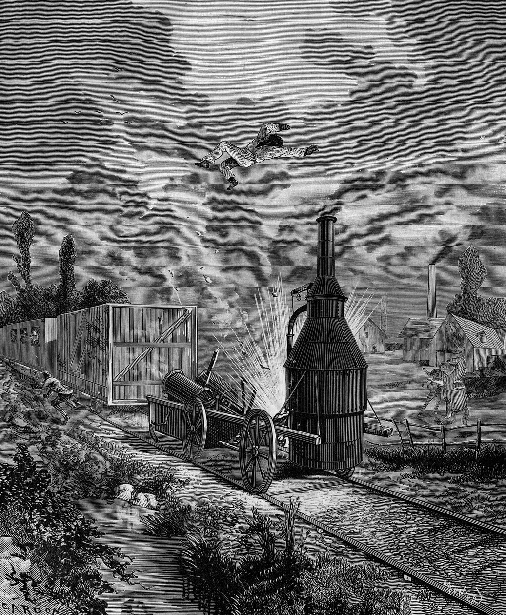 Explosion of the boiler of one of the first American steam locomotives, in June 1831 (the 