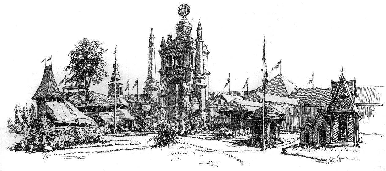 Universal Exposition of Antwerp (Belgium) in 1885: view of the exhibition buildings. Engraving in 