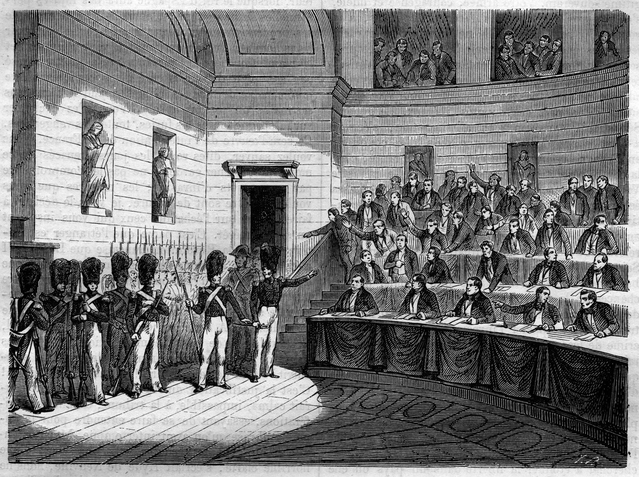 Expulsion of Jacques Antoine (Jacques-Antoine) Manuel (1775-1827) French liberal lawyer and politician of the House of Deputes. Engraving in 