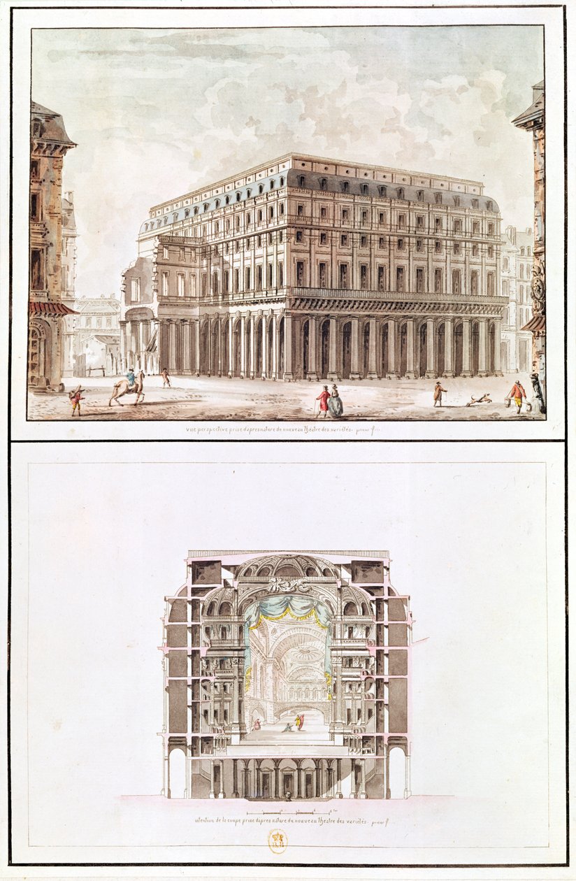 Exterior and cross-section of the interior of the Theatre des Varietes, 6 rue de Richelieu by French School