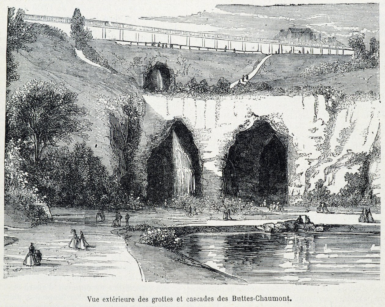 Exterior view of the cascades and caves of the Buttes Chaumont, engraving 19th century by French School