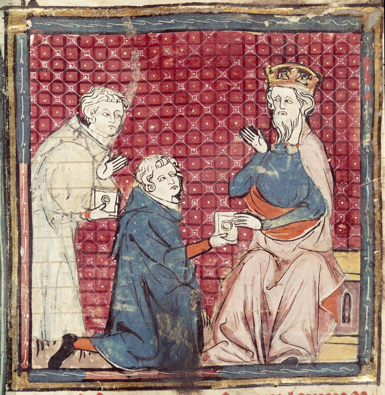 Messengers telling Charlemagne of the victory over the Saracens, from the Grandes Chroniques de France, 1375-79 by French School