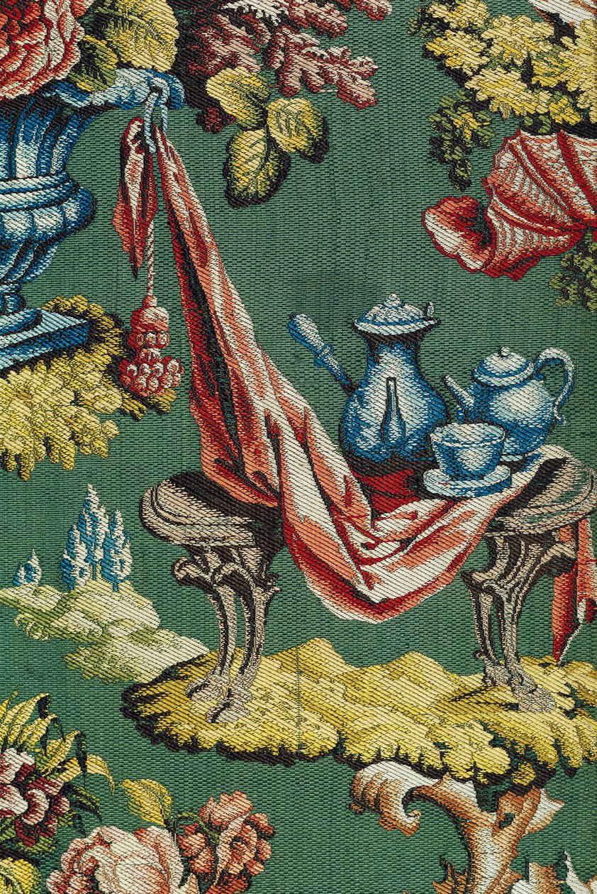 Fabric depicting a chocolate pot and a teapot, Lyon Workshop by French School