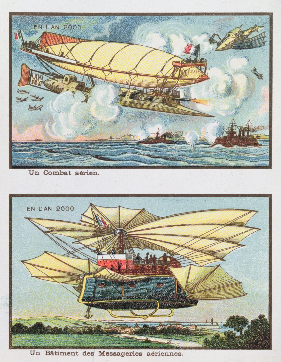 Fantasy depictions of an air battle and of an aircraft for transporting freight in the year 2000, c.1910 by French School