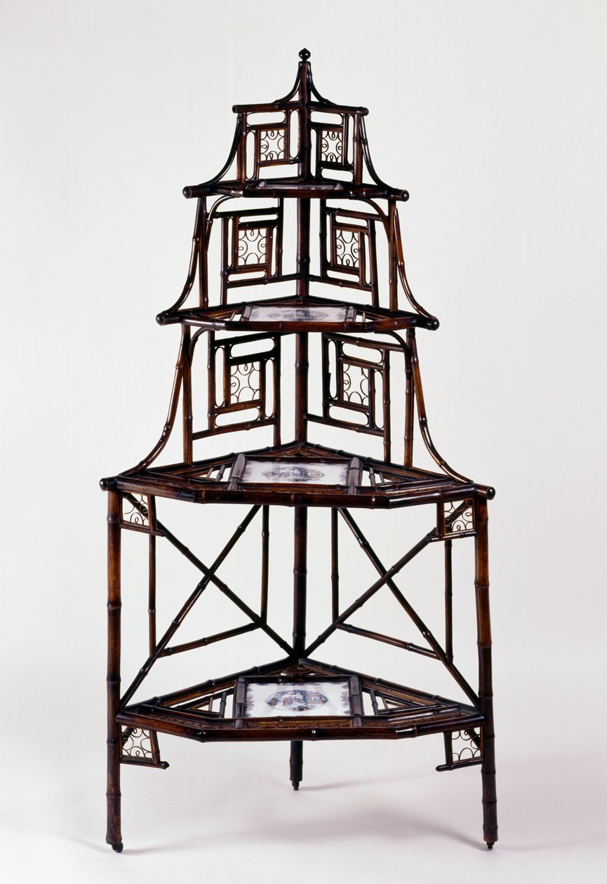 Far East style Second Empire (Napoleon III) bamboo corner etagere plant stand with French majolica tiles and four tiers by French School