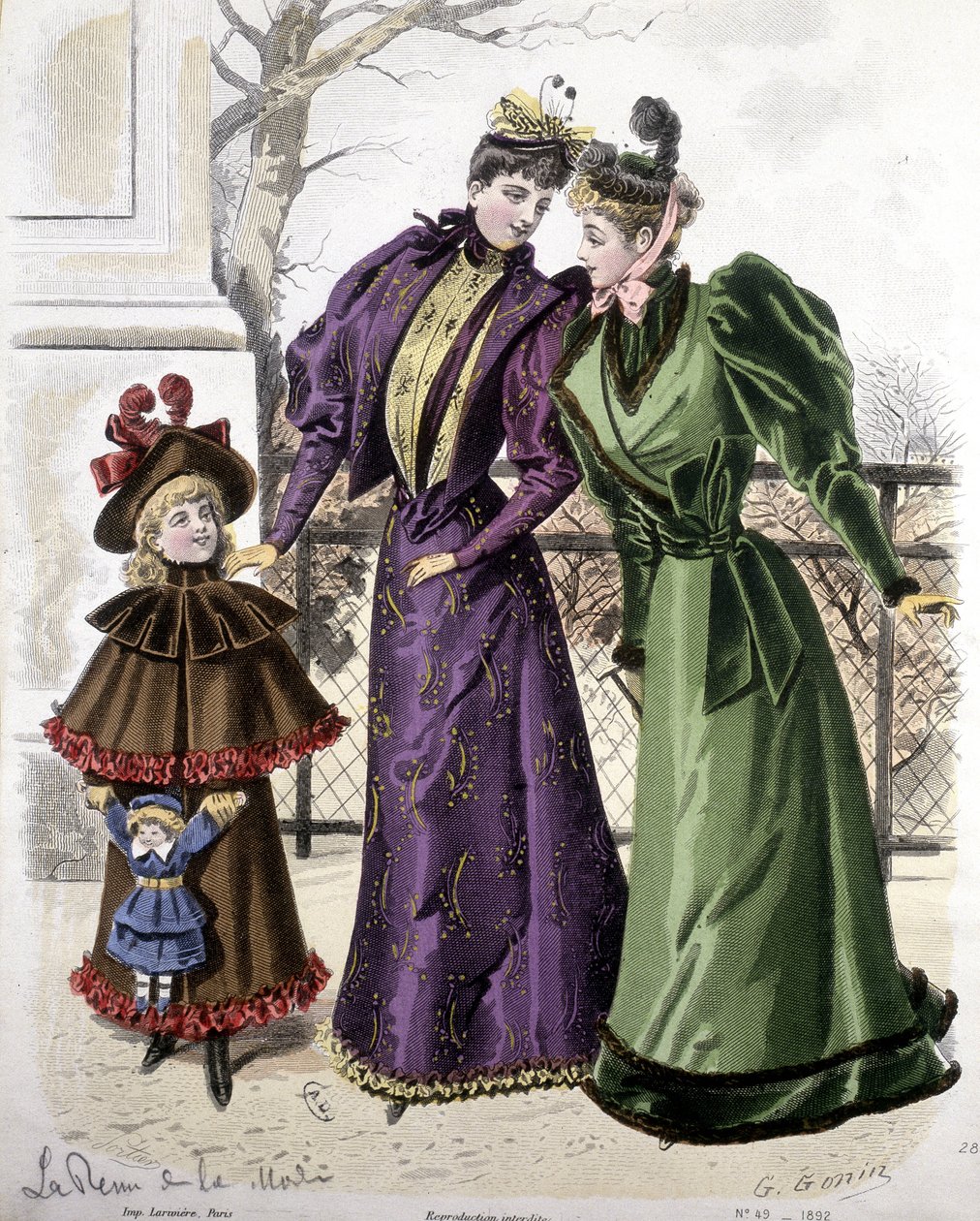 Fashion: 2 women and a girl holding a doll, 1892 by French School
