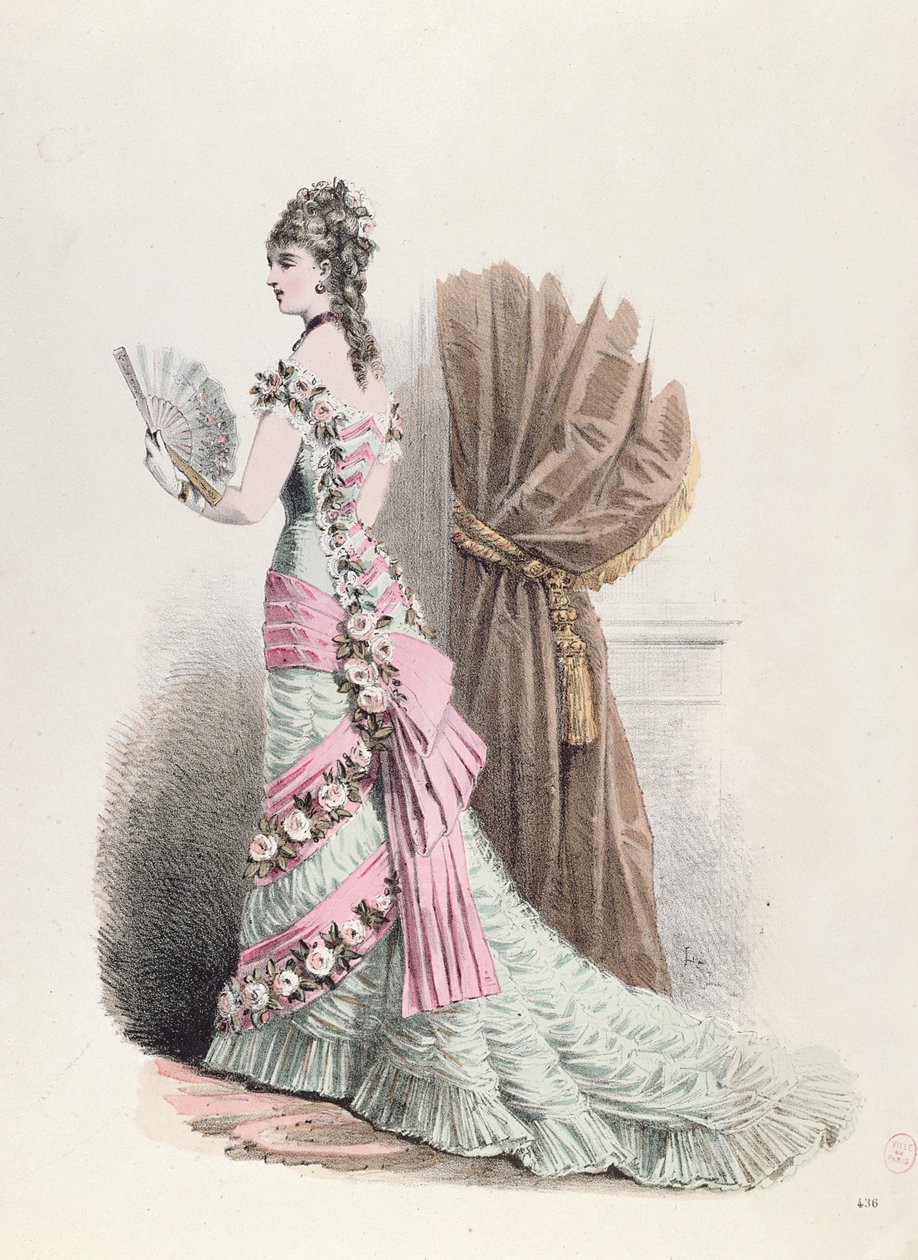 Fashion plate of a woman in evening dress and with a fan by French School