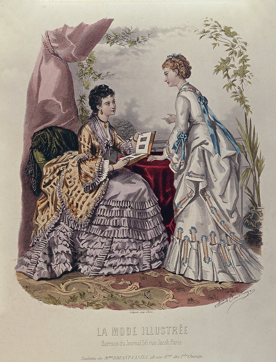 Fashion plate showing ladies in dresses designed by Mme Breant-Castel and looking at photo albums, 1872 by French School