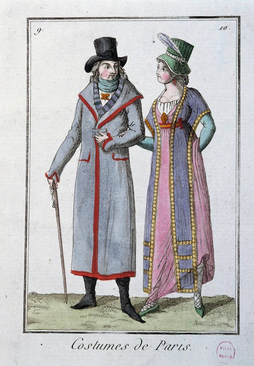 Fashion Under the Directoire: A Couple of Elegant Parisians. Anonymous Lithography of 1795. Paris, Costume Museum by French School