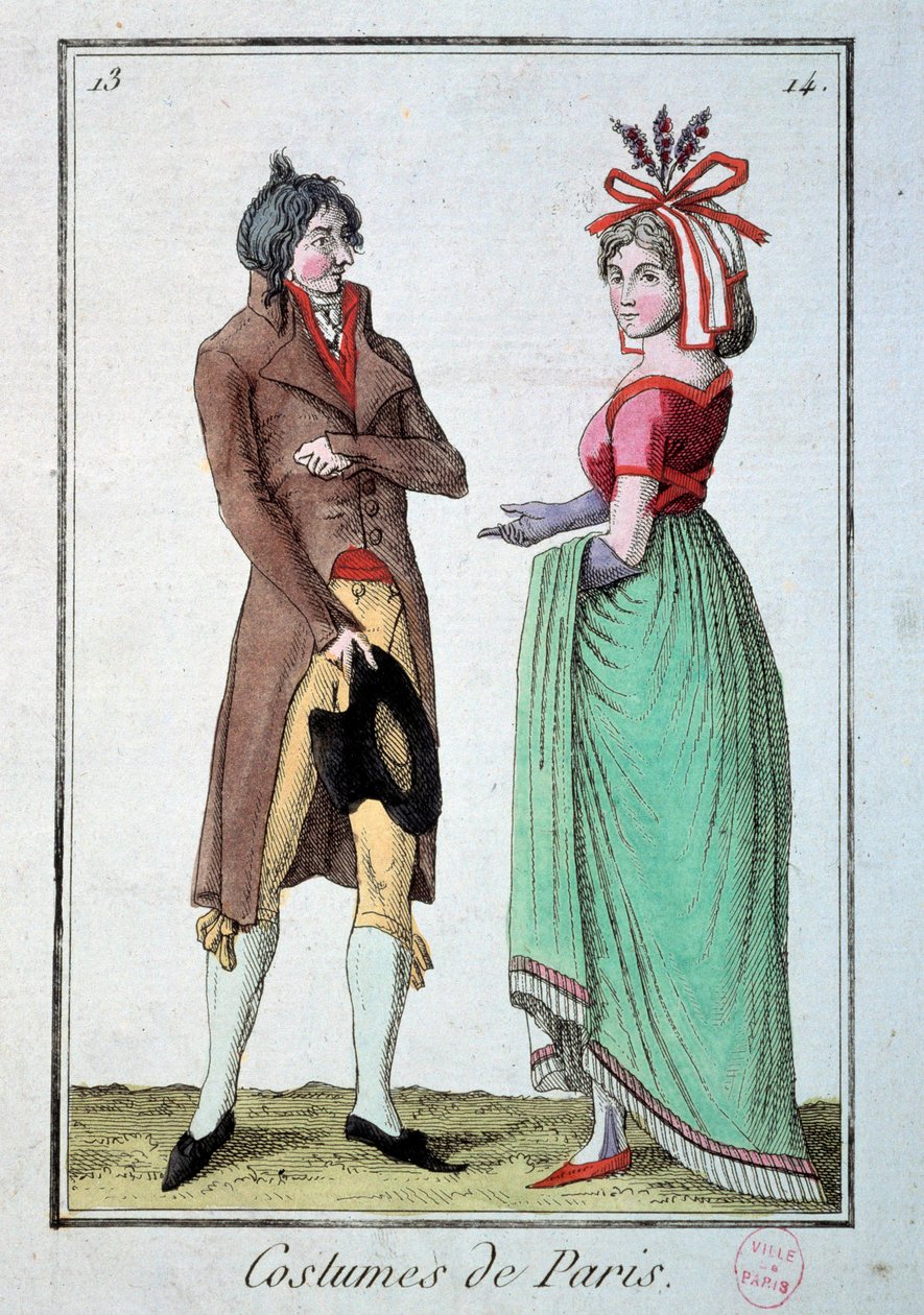 Fashion under the directory: a couple of elegant, the woman wears a hat at the gardener by French School