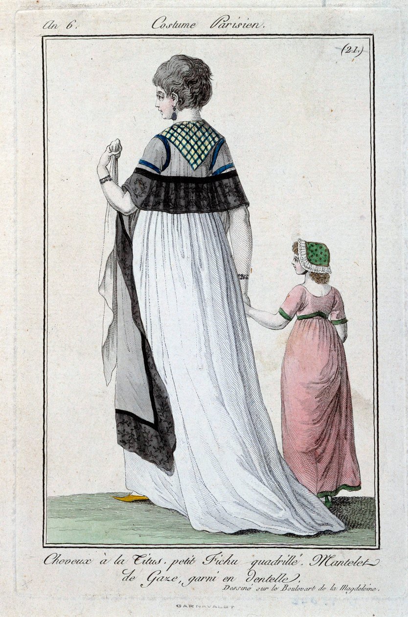 Fashion under the management board: elegant young Parisian woman wearing the Titus, gauze mantle with lace. 1797. Paris, costume museum by French School