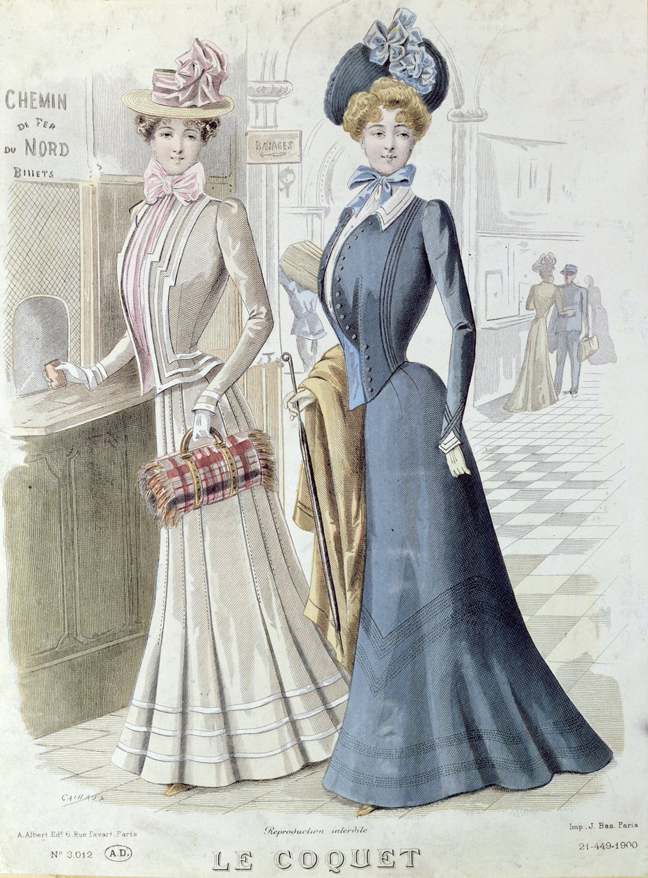 Fashionable ladies at the ticket office of the Gare du Nord in Paris, c.1900 by French School