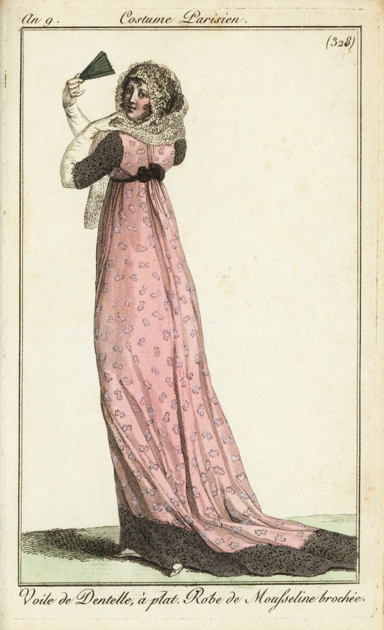 Fashionable woman in lace veil, damask muslin dress by French School