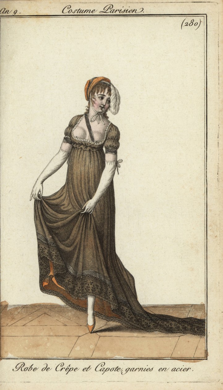 Fashionable woman in nipple-revealing crepe dress by French School