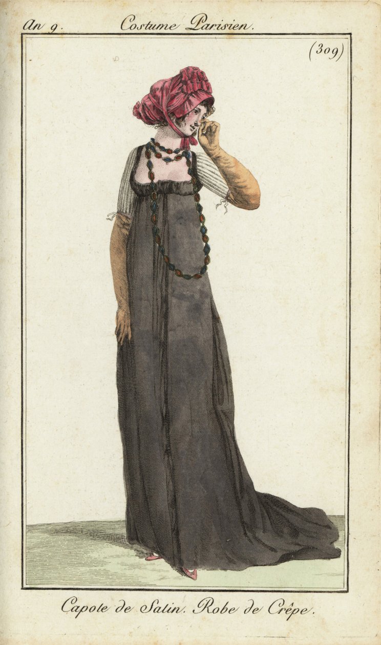 Fashionable woman in satin bonnet and crepe dress by French School